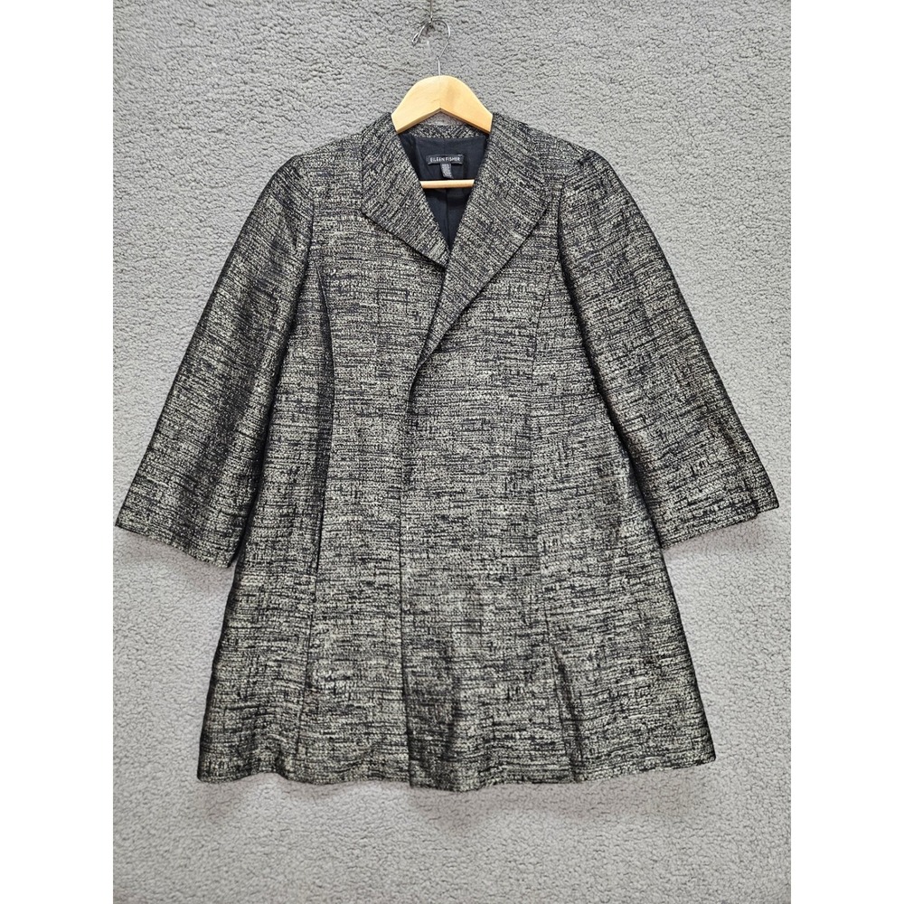 Eileen Fisher Blazer XS Black Silver Metallic Silk Blend Evening Coat